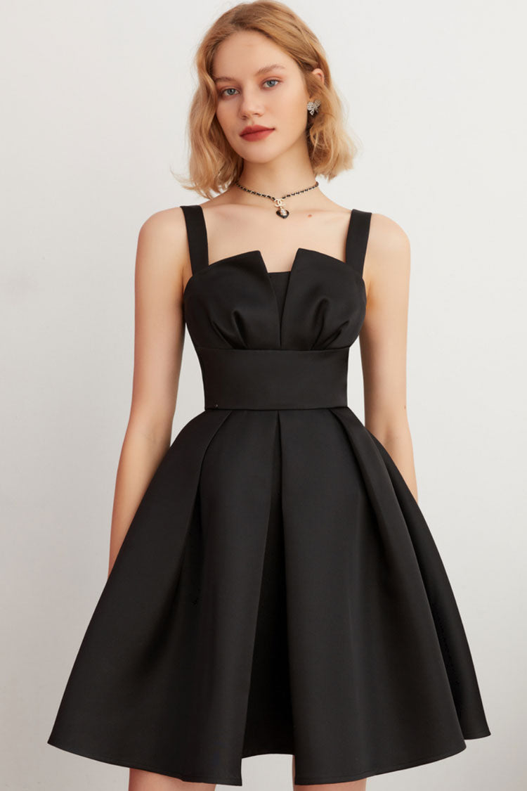 Black Square Neck Suspender Strap Satin Pleated Fit Flare Mini Dress
