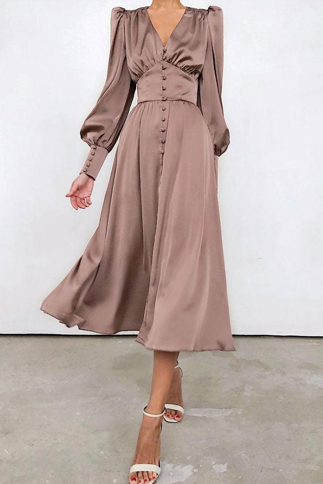 Brown V-Neck Puff Sleeve Satin Button Up Fit Flare Midi Dress