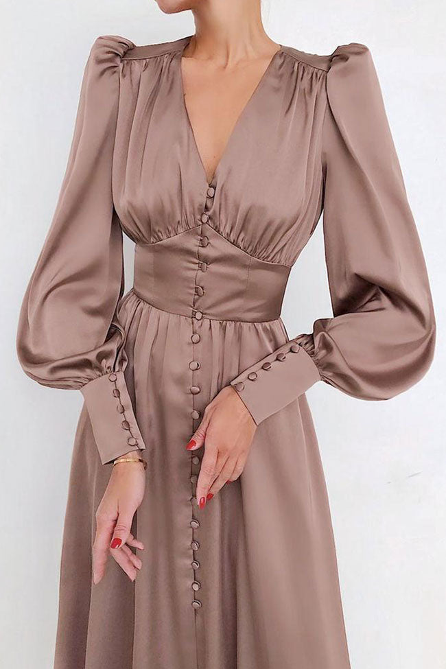 Brown V-Neck Puff Sleeve Satin Button Up Fit Flare Midi Dress