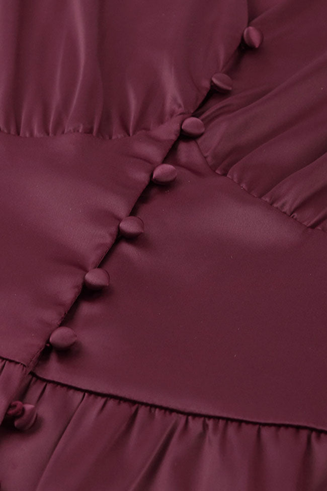 Burgundy V-Neck Satin Puff Sleeve Button Up A-Line Midi Dress 2