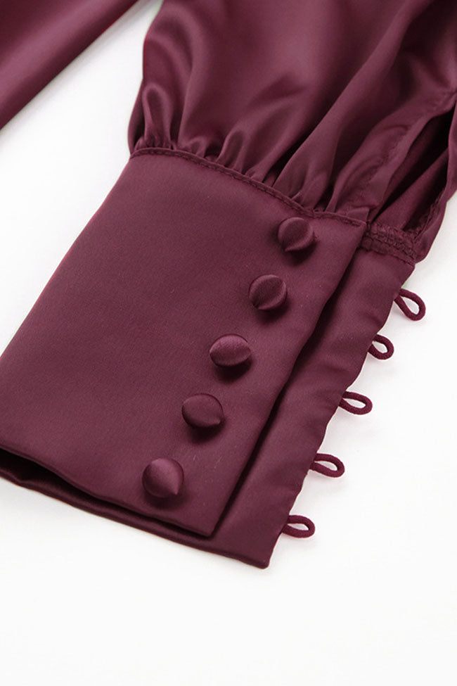 Burgundy V-Neck Satin Puff Sleeve Button Up A-Line Midi Dress 3