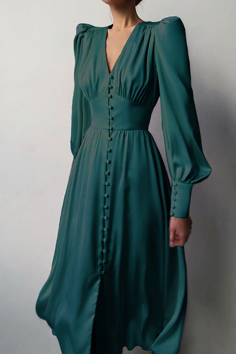 Dark Green V-Neck Satin Puff Sleeve Button Up A-Line Midi Dress 2