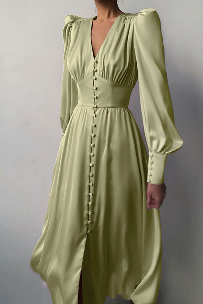 Green V-Neck Satin Puff Sleeve Button Up A-Line Midi Dress