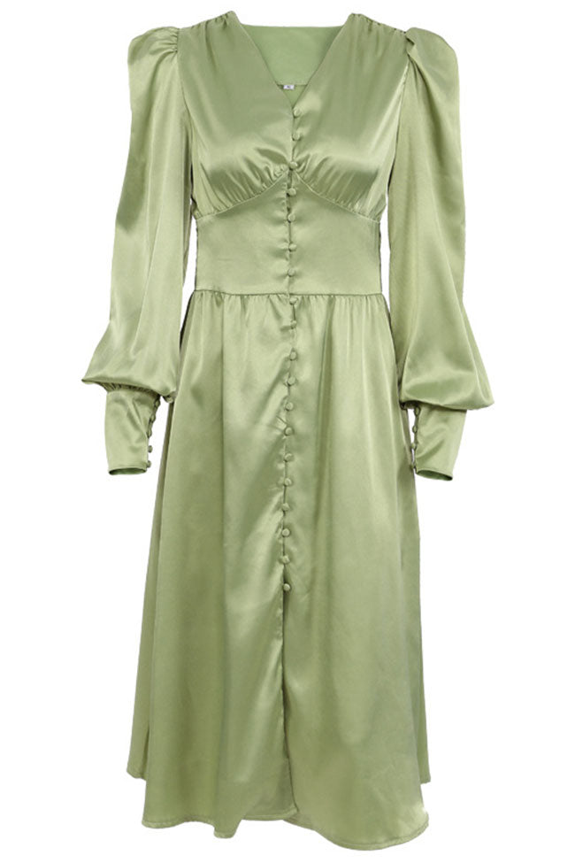 Green V-Neck Satin Puff Sleeve Button Up A-Line Midi Dress