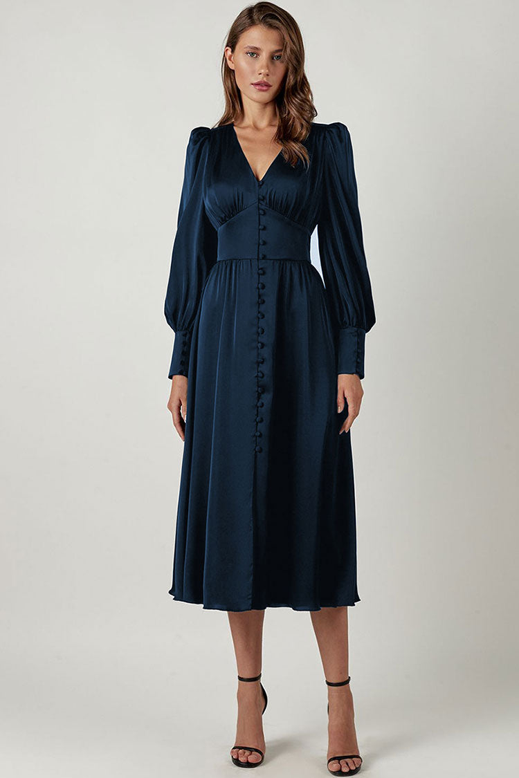 Navy Blue V-Neck Satin Puff Sleeve Button Up A-Line Midi Dress