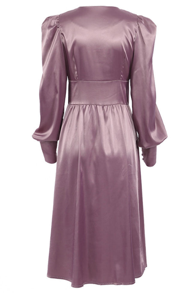 Purple V-Neck Satin Puff Sleeve Button Up A-Line Midi Dress