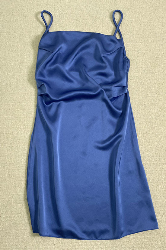 Blue Cowl Neck Spaghetti Strap Satin Slip Mini Dress