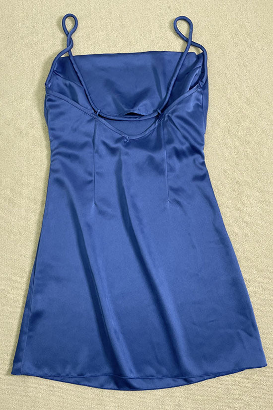 Blue Cowl Neck Spaghetti Strap Satin Slip Mini Dress