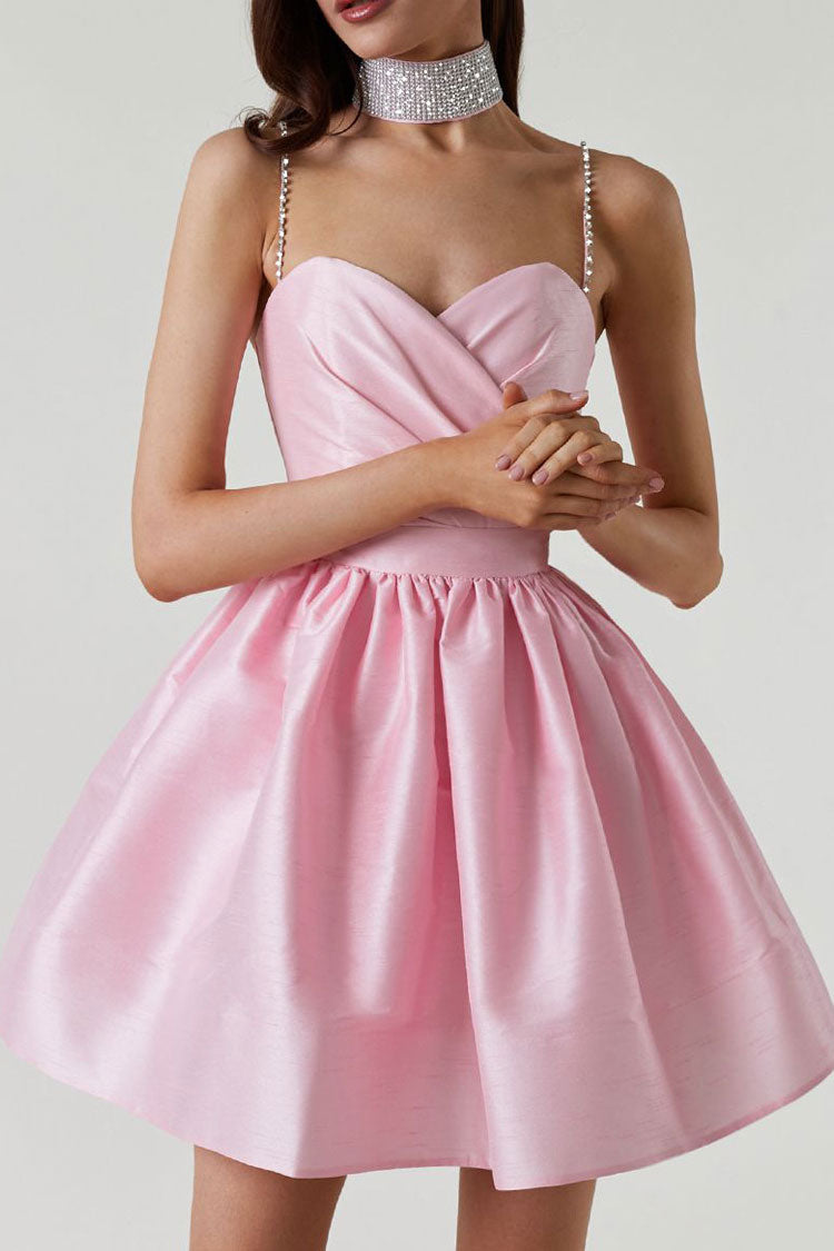 Pink Sweetheart Neck Rhinestone Strap Pleated Satin Skater Mini Dress