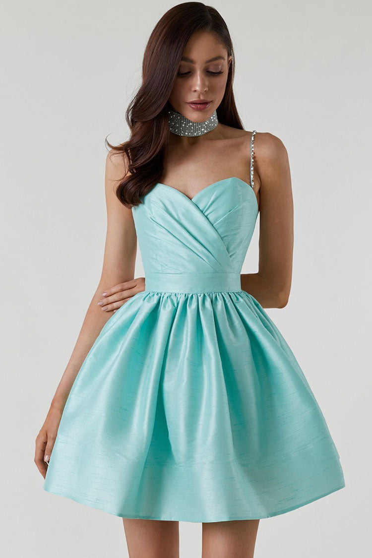 Teal Sweetheart Rhinestone Strap Pleated Satin Skater Mini Dress