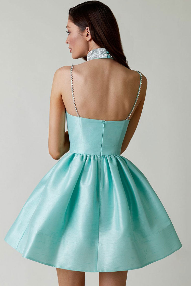 Teal Sweetheart Rhinestone Strap Pleated Satin Skater Mini Dress