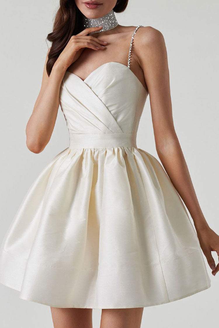 White Sweetheart Rhinestone Strap Pleated Satin Skater Mini Dress
