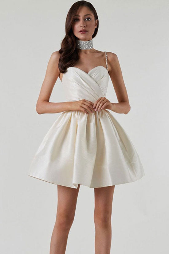 White Sweetheart Rhinestone Strap Pleated Satin Skater Mini Dress