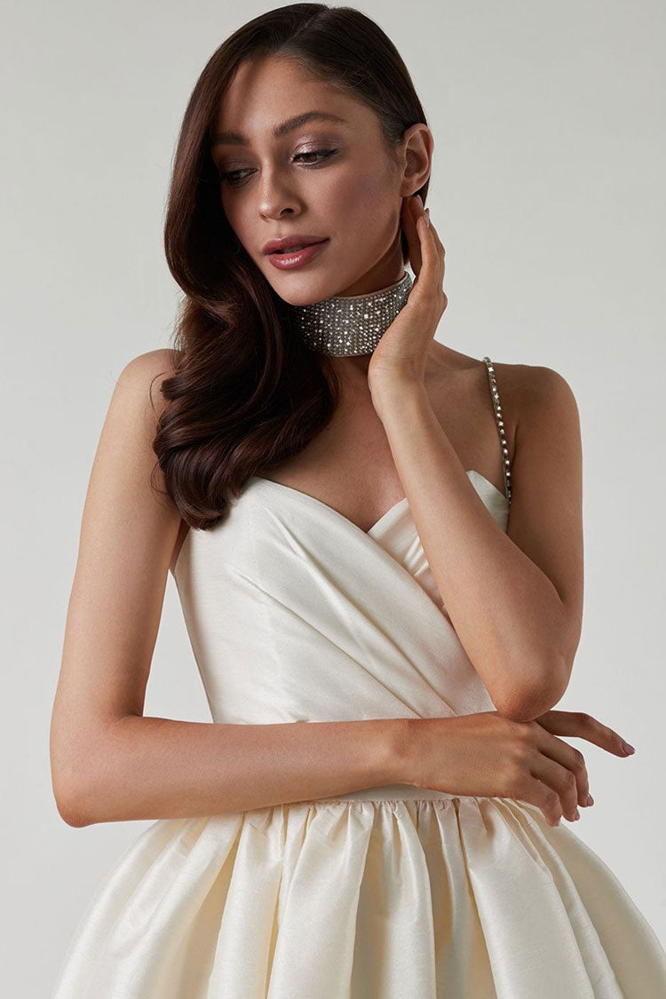 White Sweetheart Rhinestone Strap Pleated Satin Skater Mini Dress