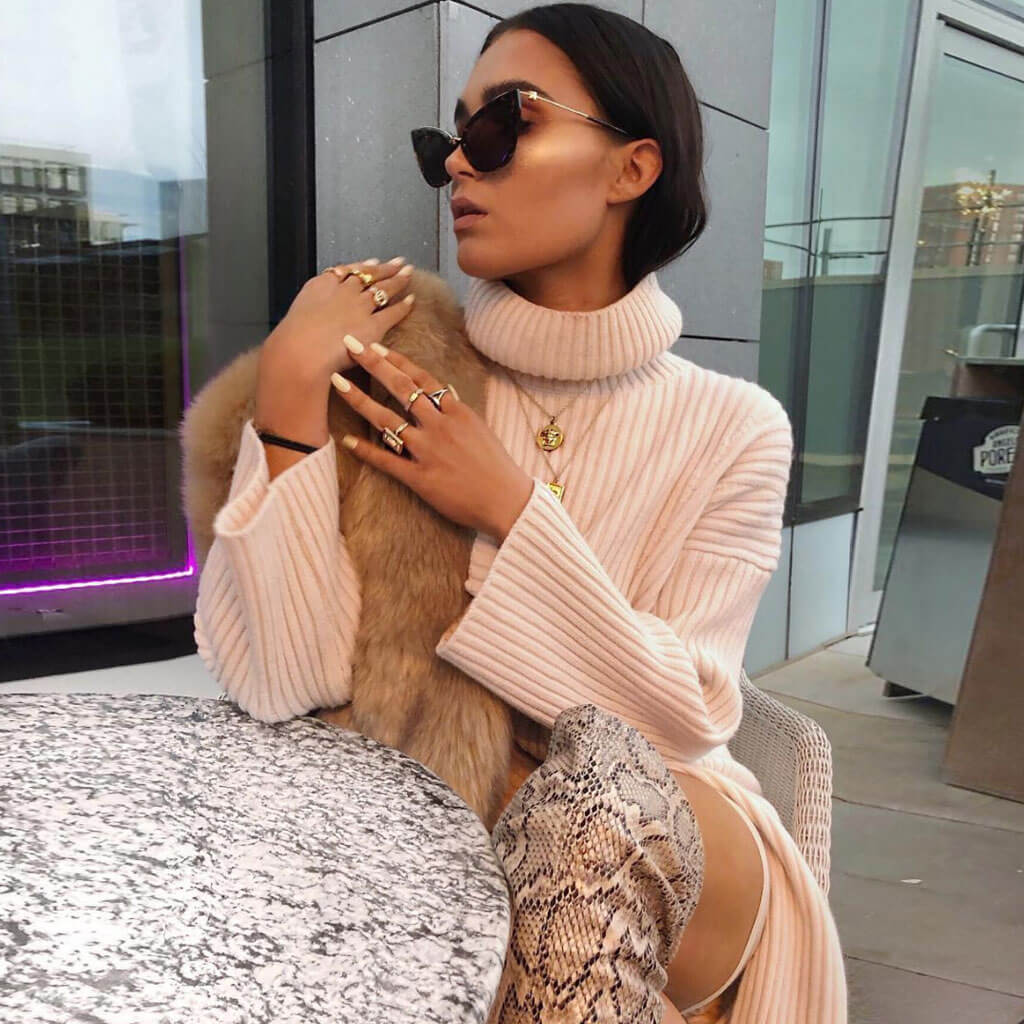 Khaki Turtleneck Long Sleeve Ribbed Split Hem Pullover Sweater