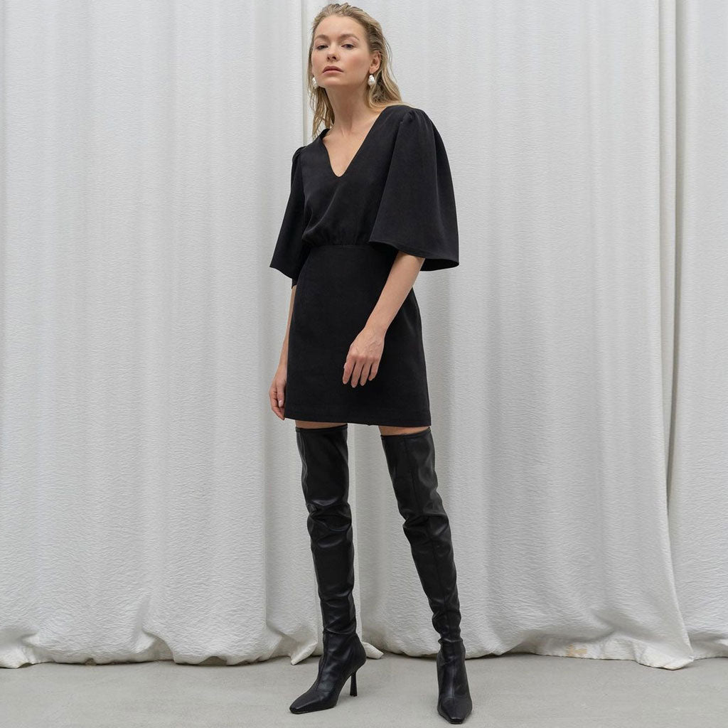 Black V-Neck Flutter Cape Sleeve Cinched Waist A-Line Mini Dress
