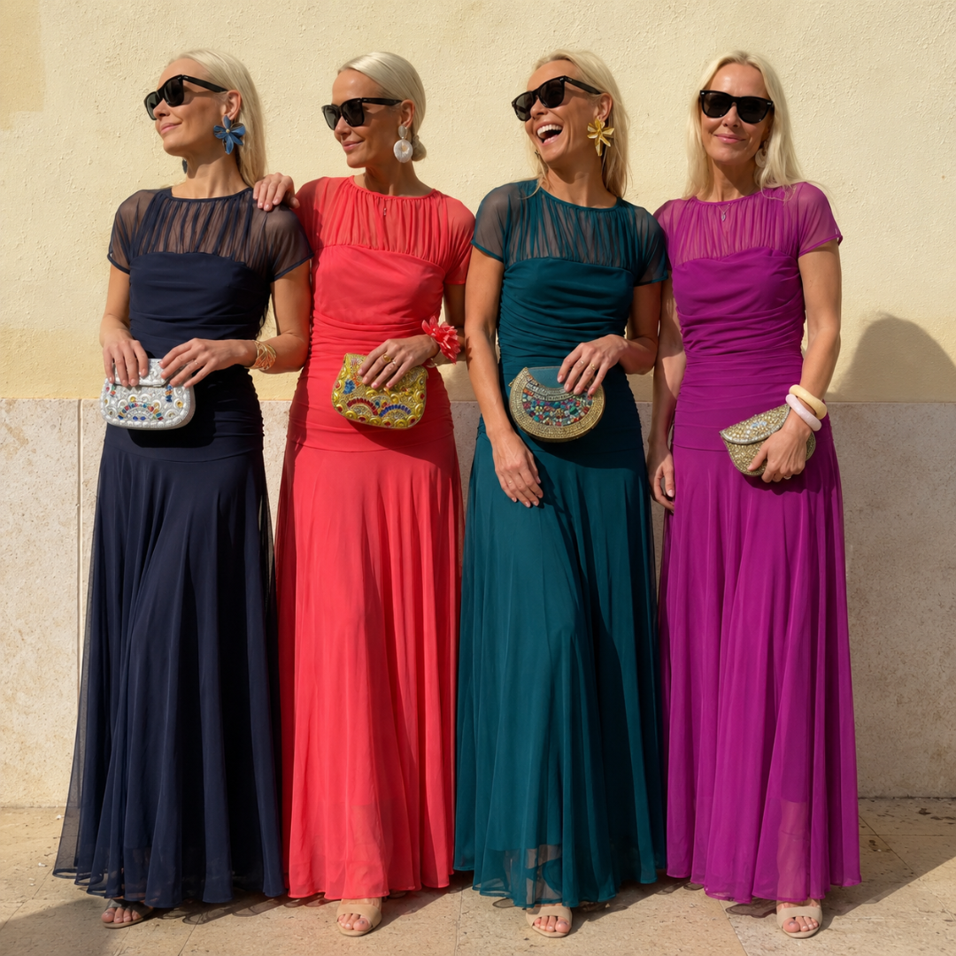 Illusion Neck Short Sleeve Ruched Chiffon A-Line Maxi Gown 3