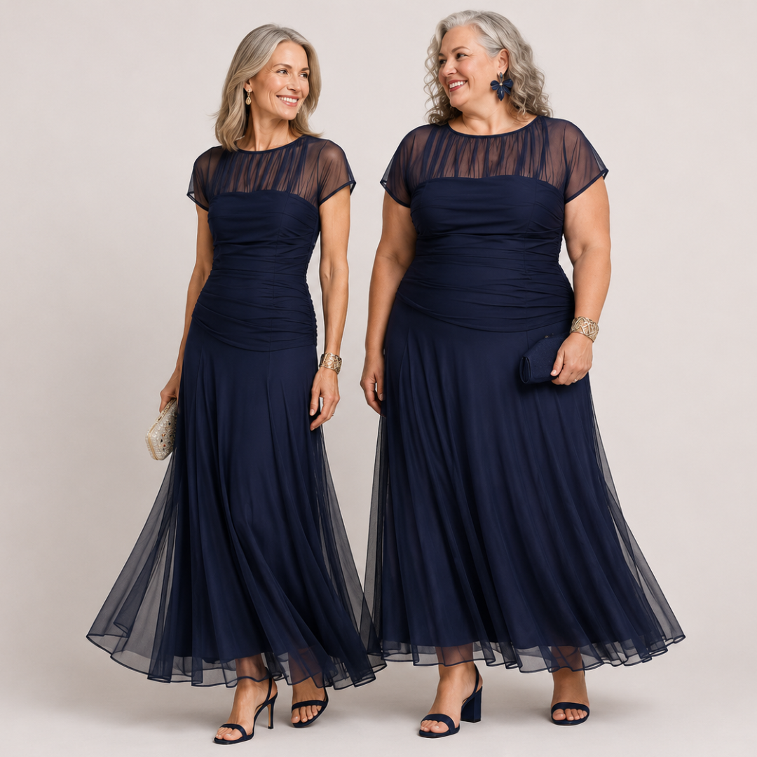 Illusion Neck Short Sleeve Ruched Chiffon A-Line Maxi Gown 2