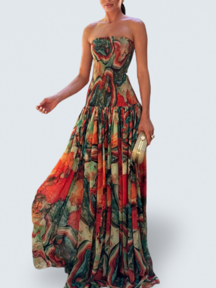 Print Strapless Abstract Marble Print Dropped Waist Flowy A-Line Maxi Dress