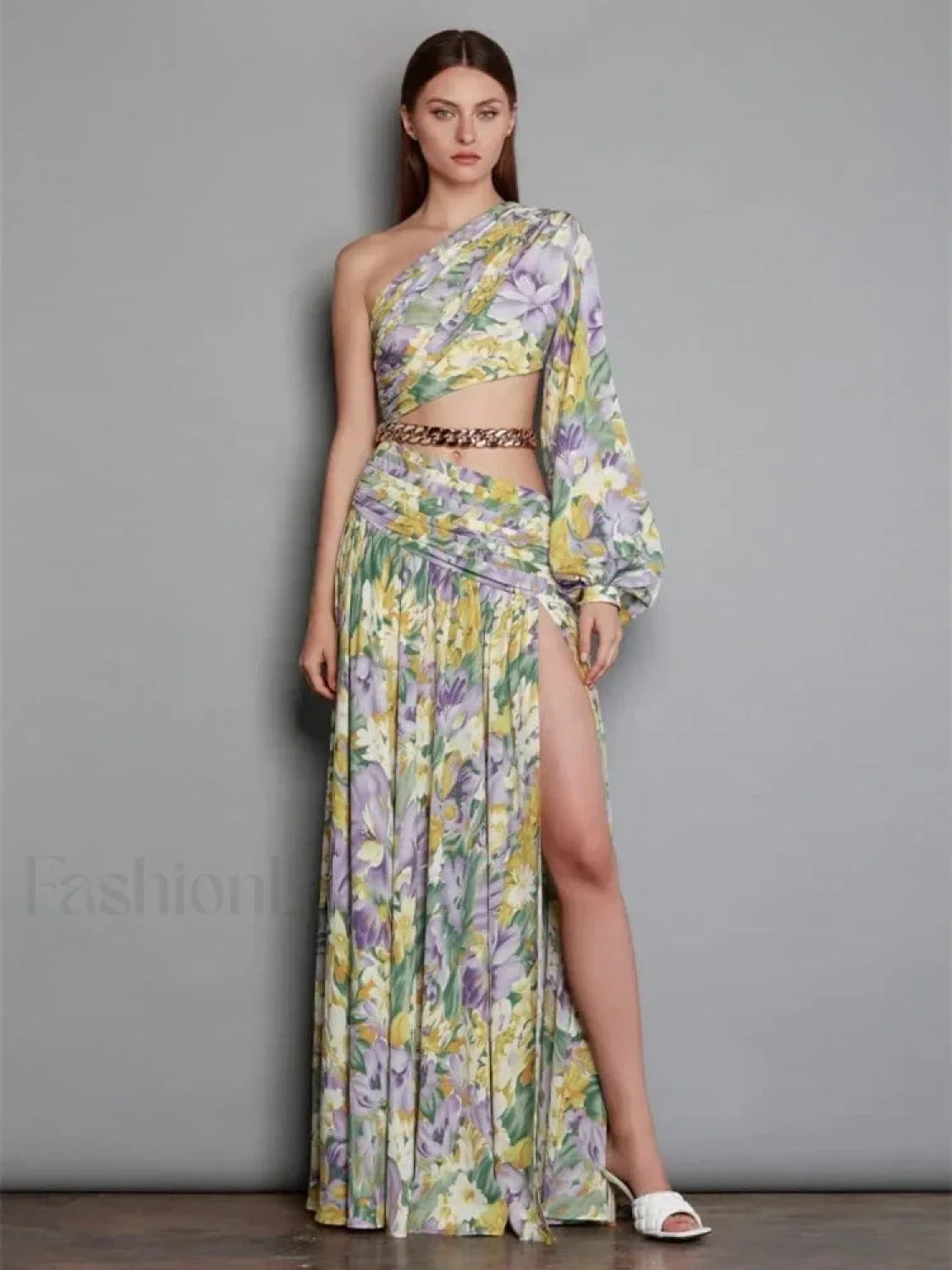 Slanted Chain Shoulder Floral Dress white1 / S