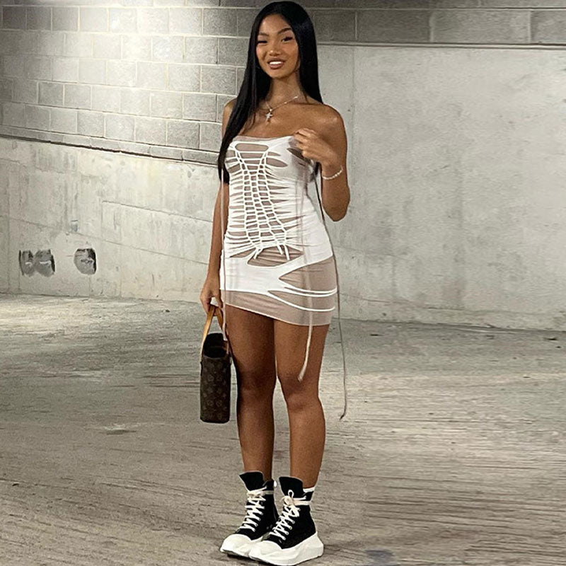 White Strapless Slashed Ladder Cutout Lace-Up Bodycon Mini Dress