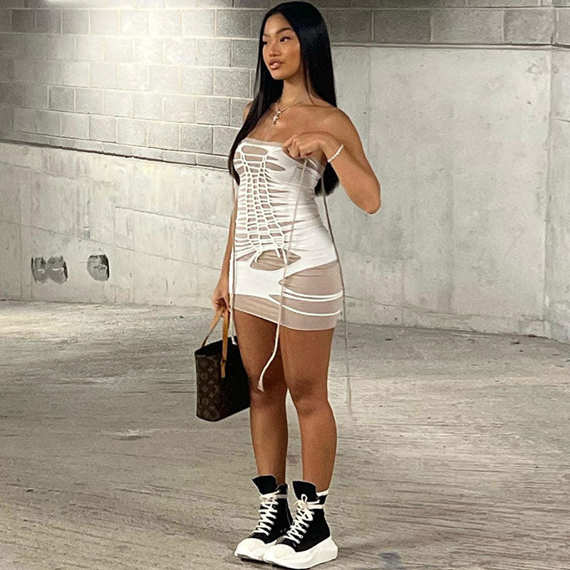 White Strapless Slashed Ladder Cutout Lace-Up Bodycon Mini Dress