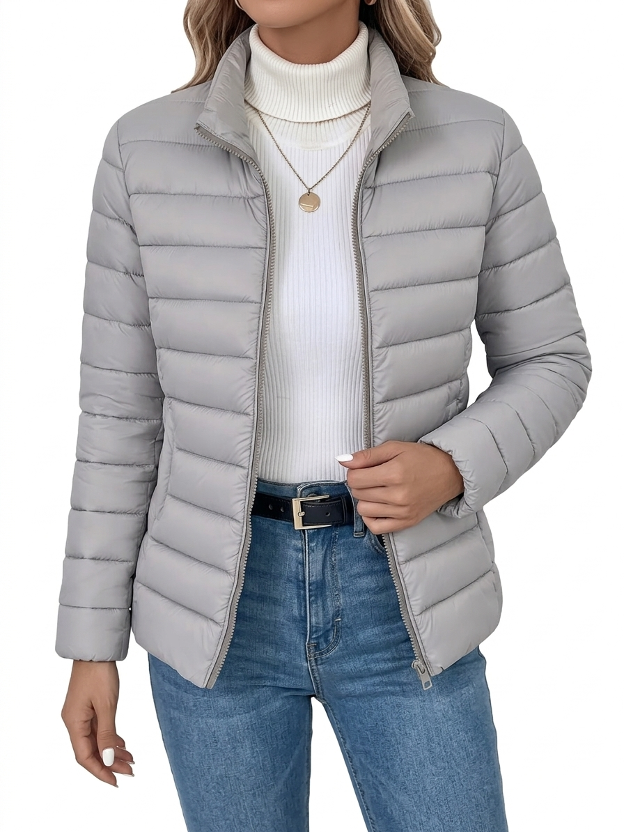 Stand Collar Zip Front Quilted Padded Puffer Jacket 6