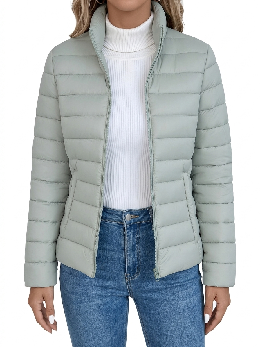 Stand Collar Zip Front Quilted Padded Puffer Jacket 2