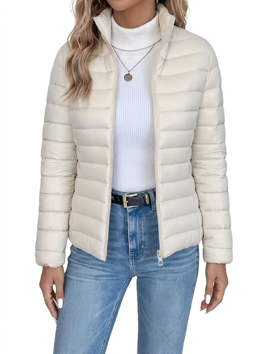 Stand Collar Zip Front Quilted Padded Puffer Jacket 5