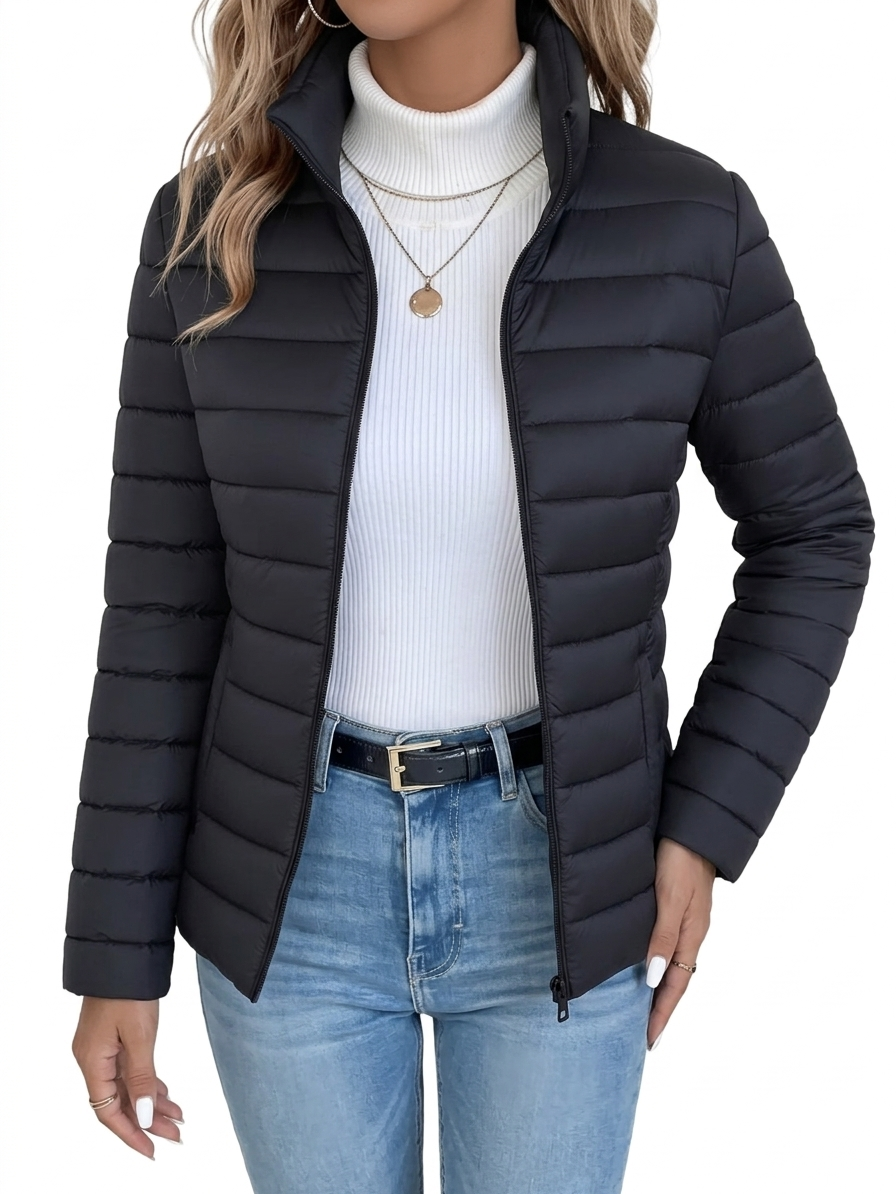 Stand Collar Zip Front Quilted Padded Puffer Jacket