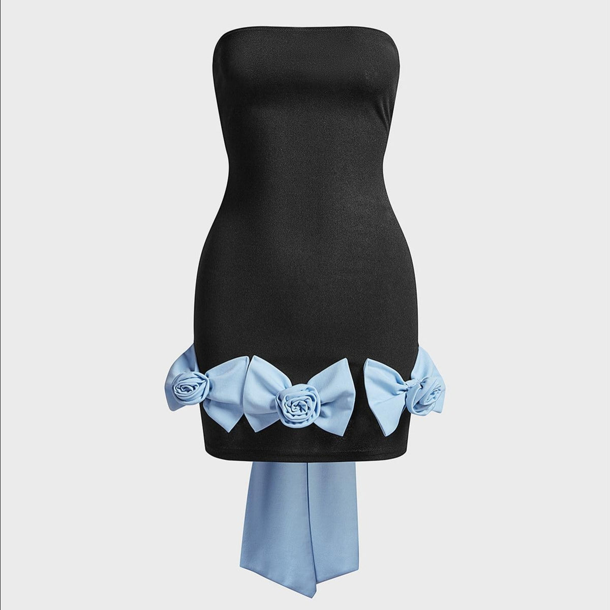 Black Strapless Rosette Bow Hem Bodycon Mini Dress 6