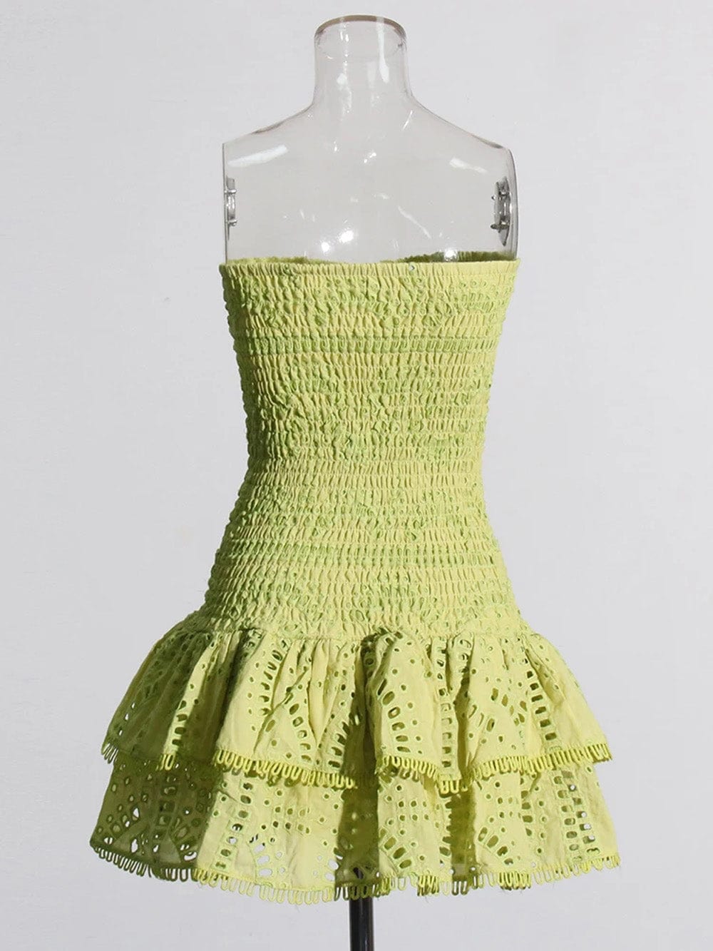 Eyelet Embroidery Smocked Strapless Tiered Ruffle Mini Dress 10