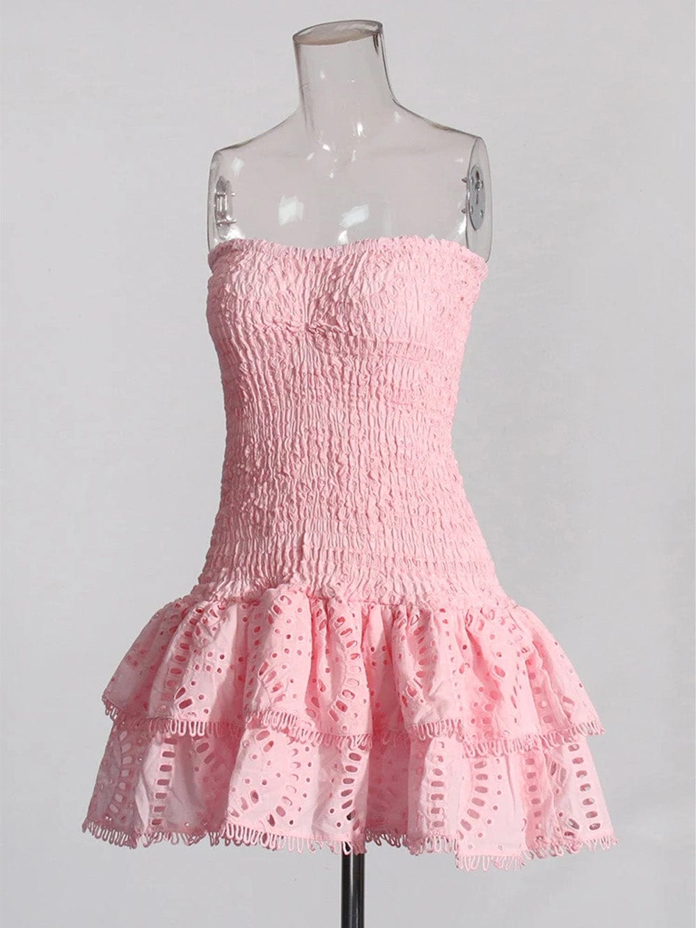 Eyelet Embroidery Smocked Strapless Tiered Ruffle Mini Dress 13