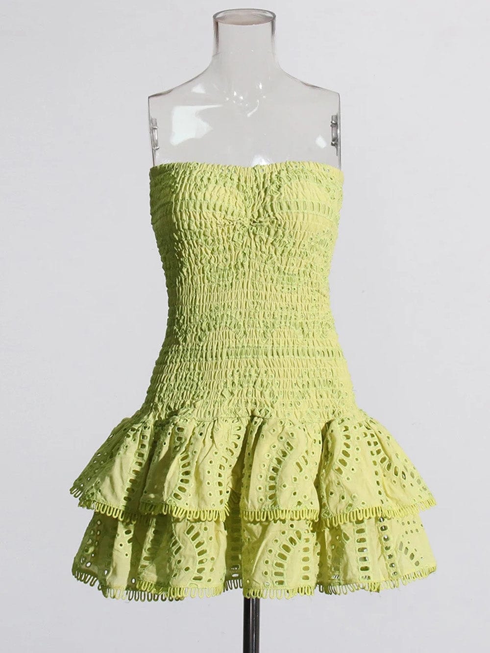 Eyelet Embroidery Smocked Strapless Tiered Ruffle Mini Dress 9