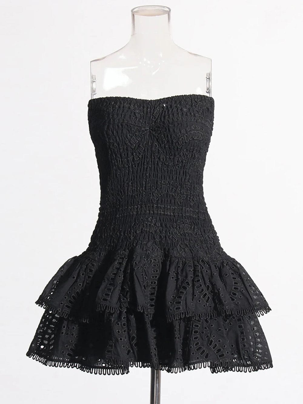 Eyelet Embroidery Smocked Strapless Tiered Ruffle Mini Dress 24