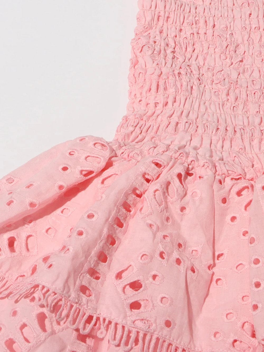 Eyelet Embroidery Smocked Strapless Tiered Ruffle Mini Dress 21