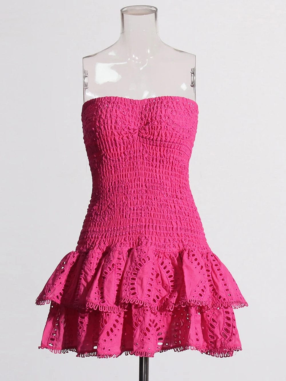 Eyelet Embroidery Smocked Strapless Tiered Ruffle Mini Dress