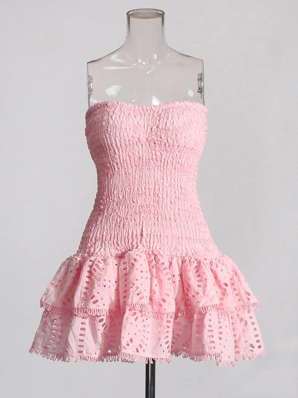 Eyelet Embroidery Smocked Strapless Tiered Ruffle Mini Dress 14