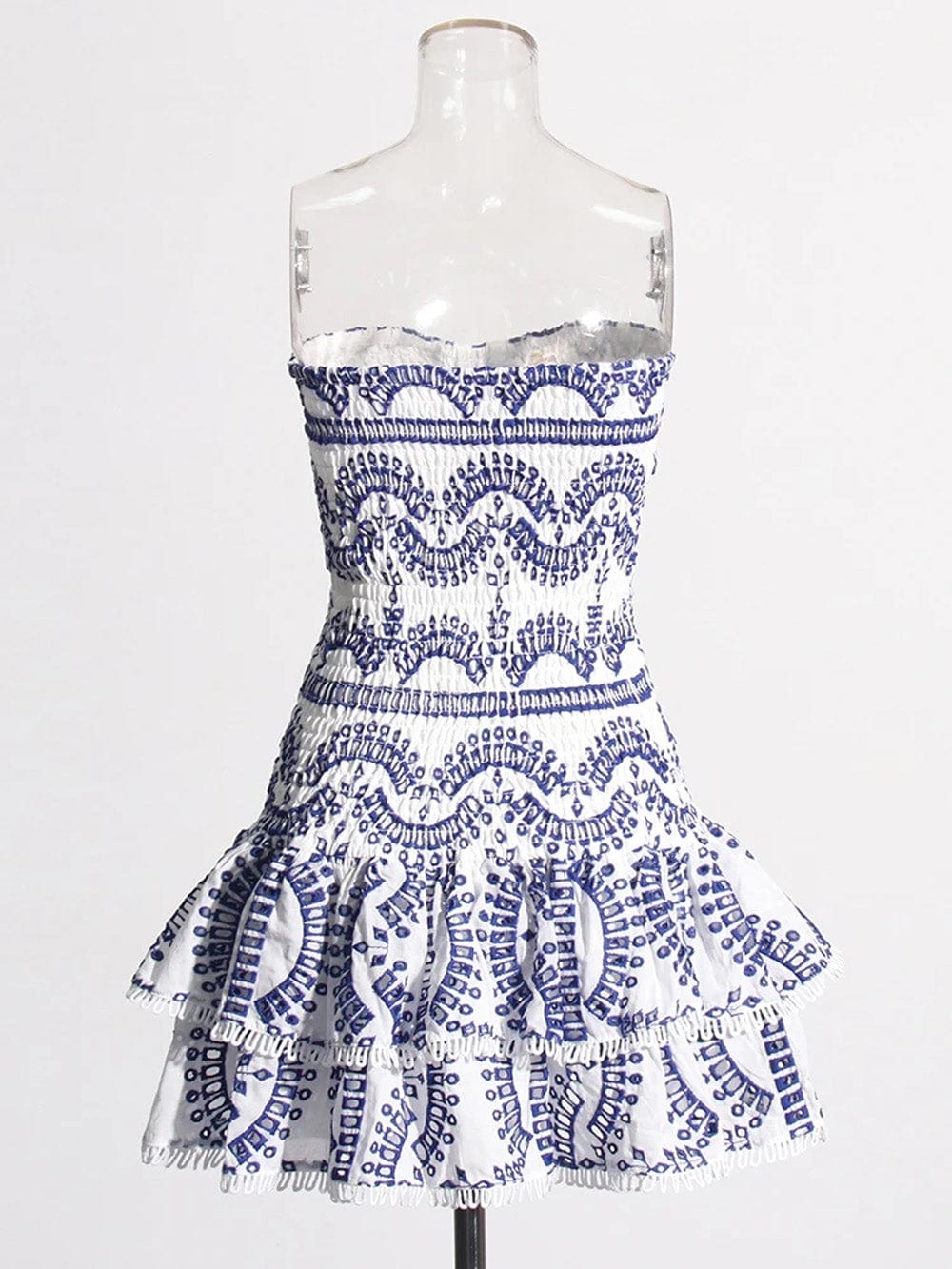 Eyelet Embroidery Smocked Strapless Tiered Ruffle Mini Dress 7