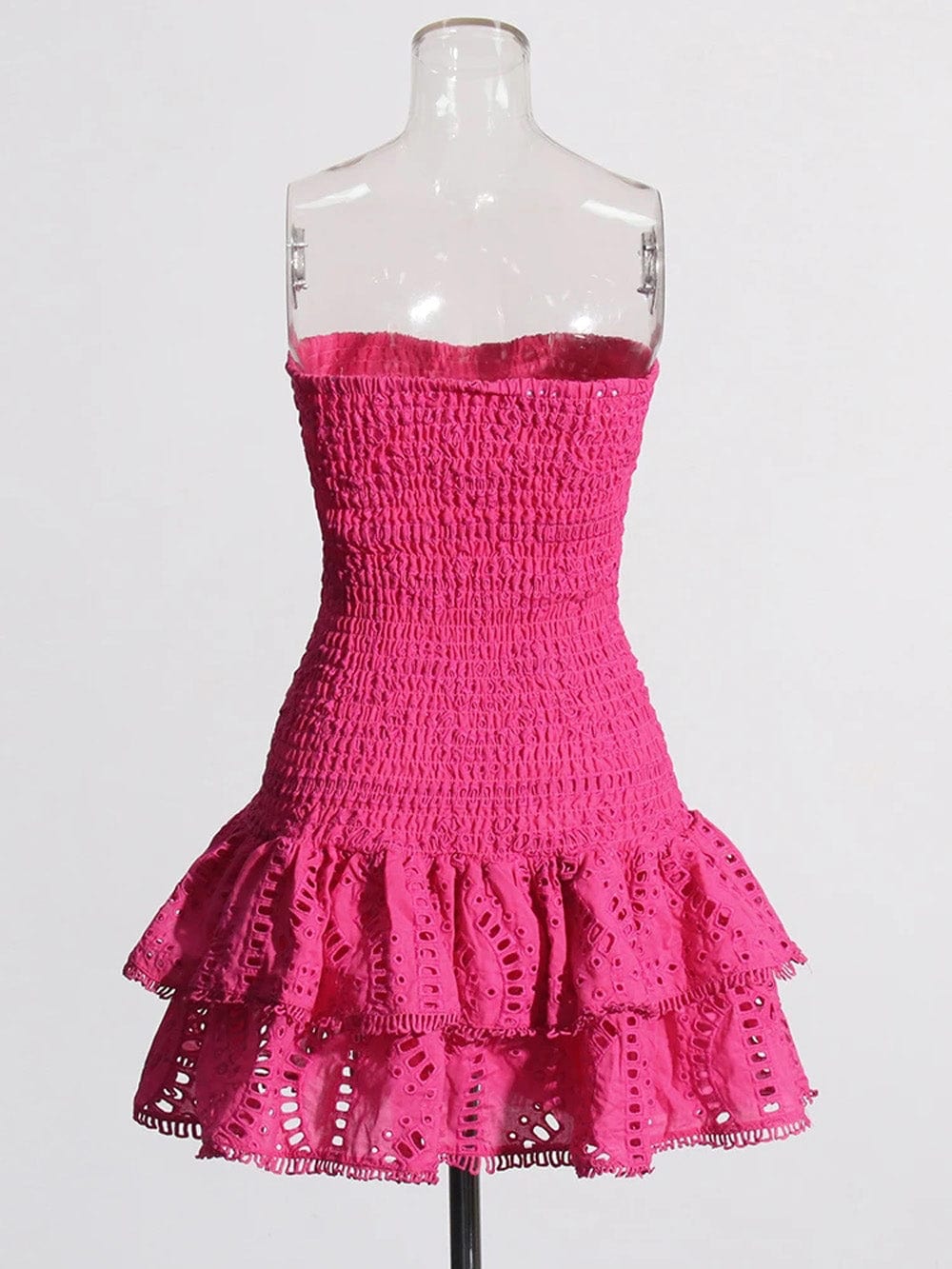 Eyelet Embroidery Smocked Strapless Tiered Ruffle Mini Dress 2