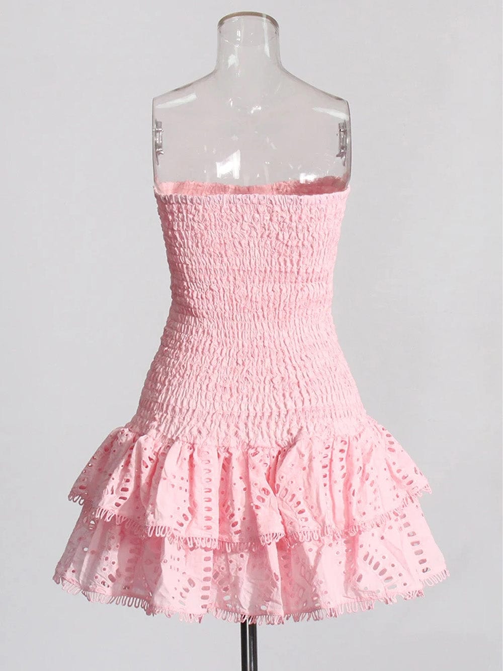 Eyelet Embroidery Smocked Strapless Tiered Ruffle Mini Dress 12