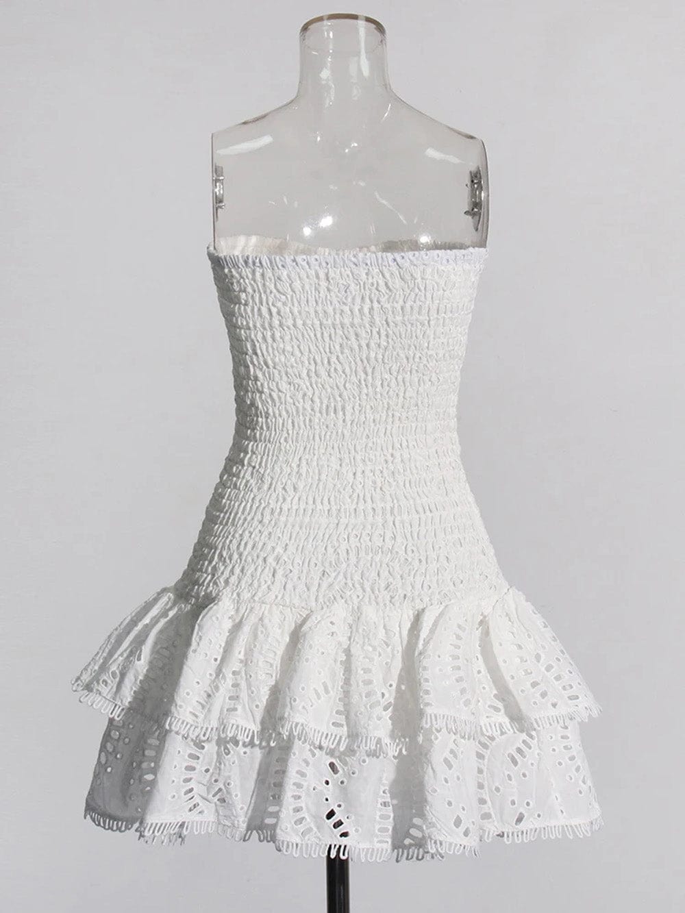 Eyelet Embroidery Smocked Strapless Tiered Ruffle Mini Dress 5