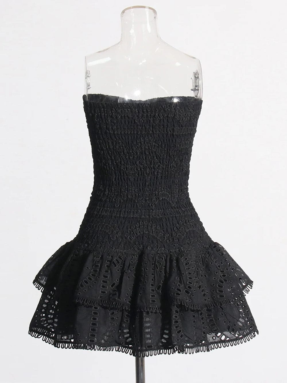 Eyelet Embroidery Smocked Strapless Tiered Ruffle Mini Dress 25