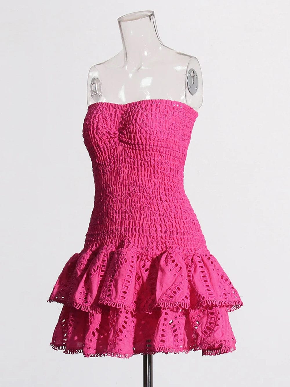 Eyelet Embroidery Smocked Strapless Tiered Ruffle Mini Dress 3