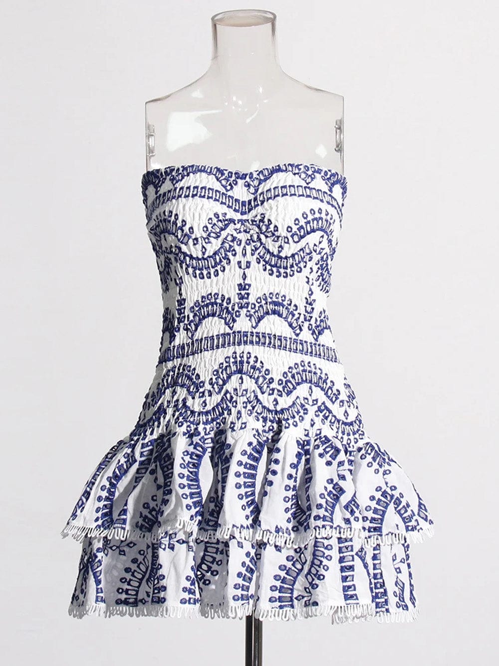 Eyelet Embroidery Smocked Strapless Tiered Ruffle Mini Dress 8
