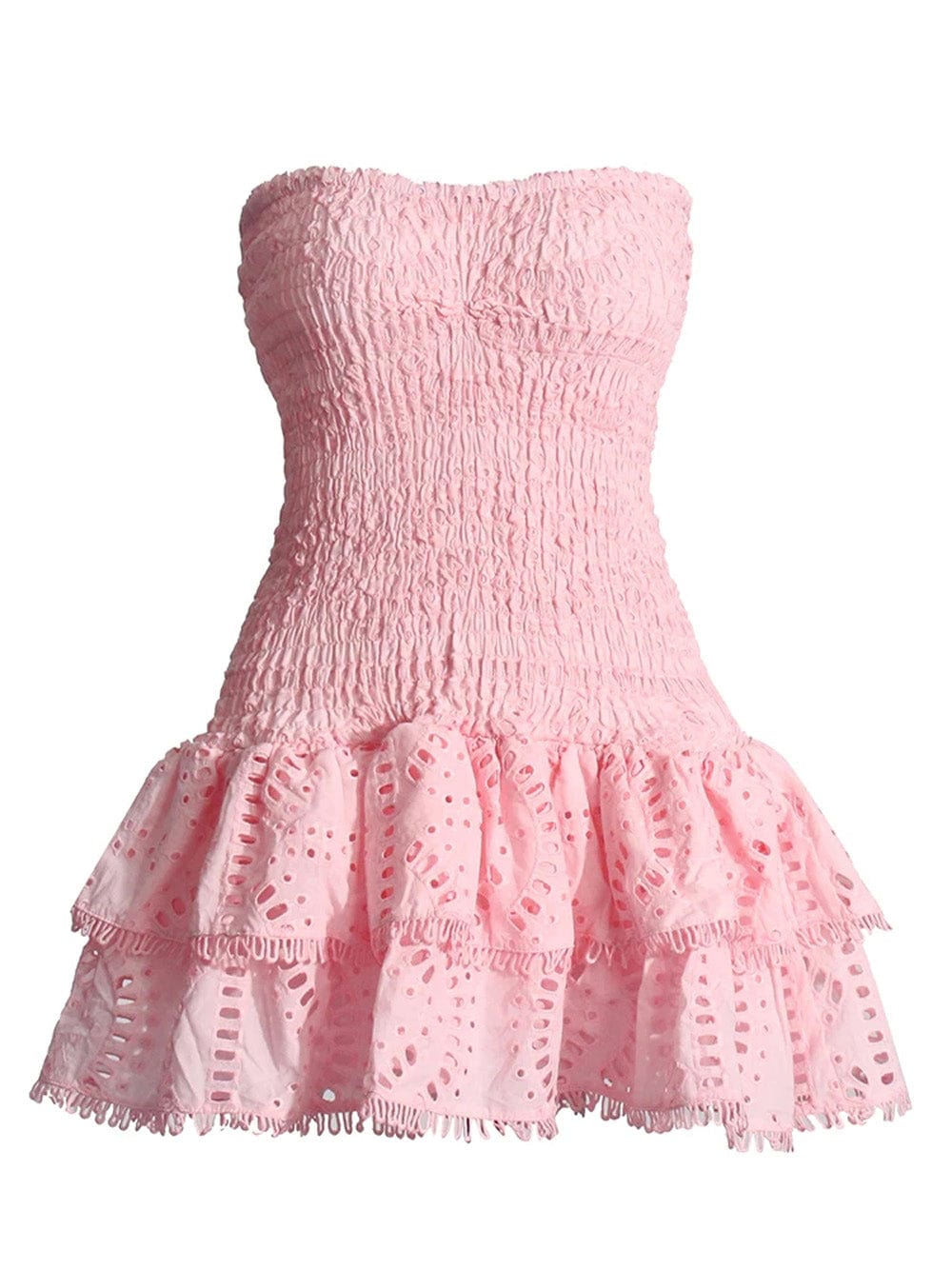 Eyelet Embroidery Smocked Strapless Tiered Ruffle Mini Dress 11