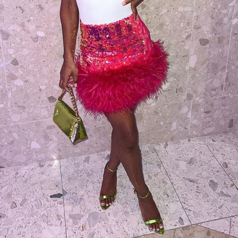 Hot Pink Sequin Feather Trim High Waist Bodycon Mini Skirt
