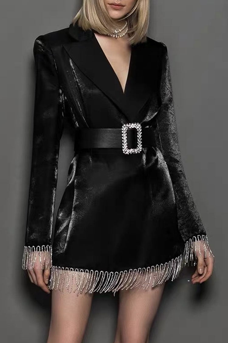 Black Notched Lapel Velvet Belted Rhinestone Fringe Blazer Mini Dress