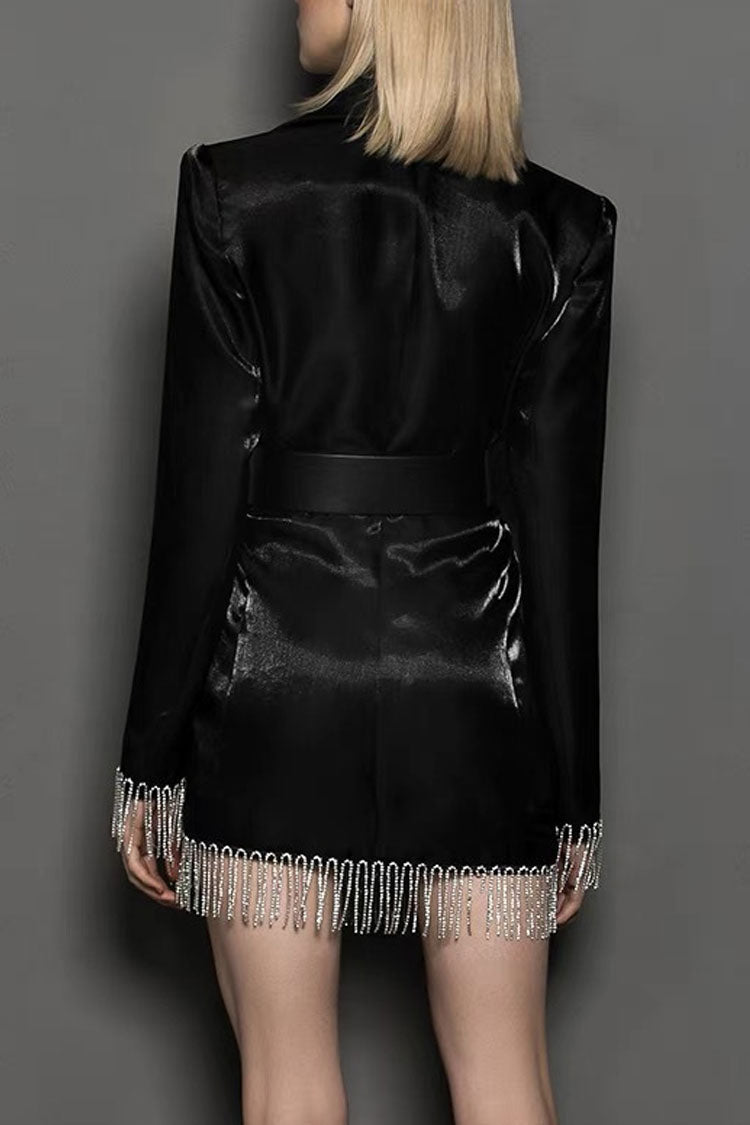 Black Notched Lapel Velvet Belted Rhinestone Fringe Blazer Mini Dress