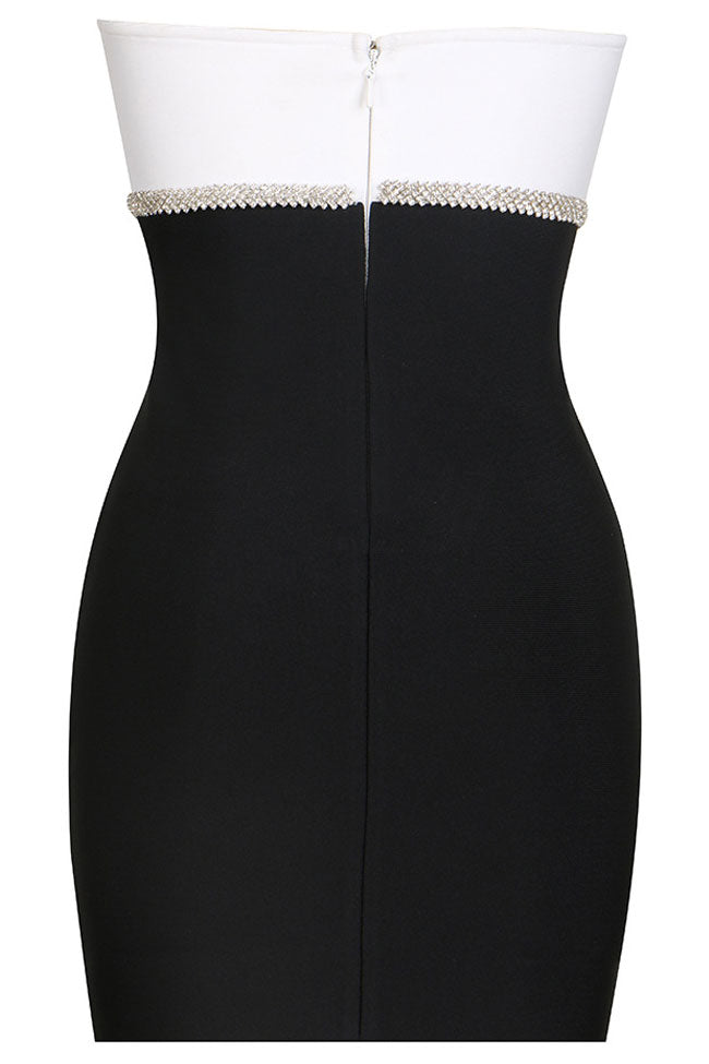 Black Strapless Sweetheart Rhinestone Bow Bandage Bodycon Mini Dress